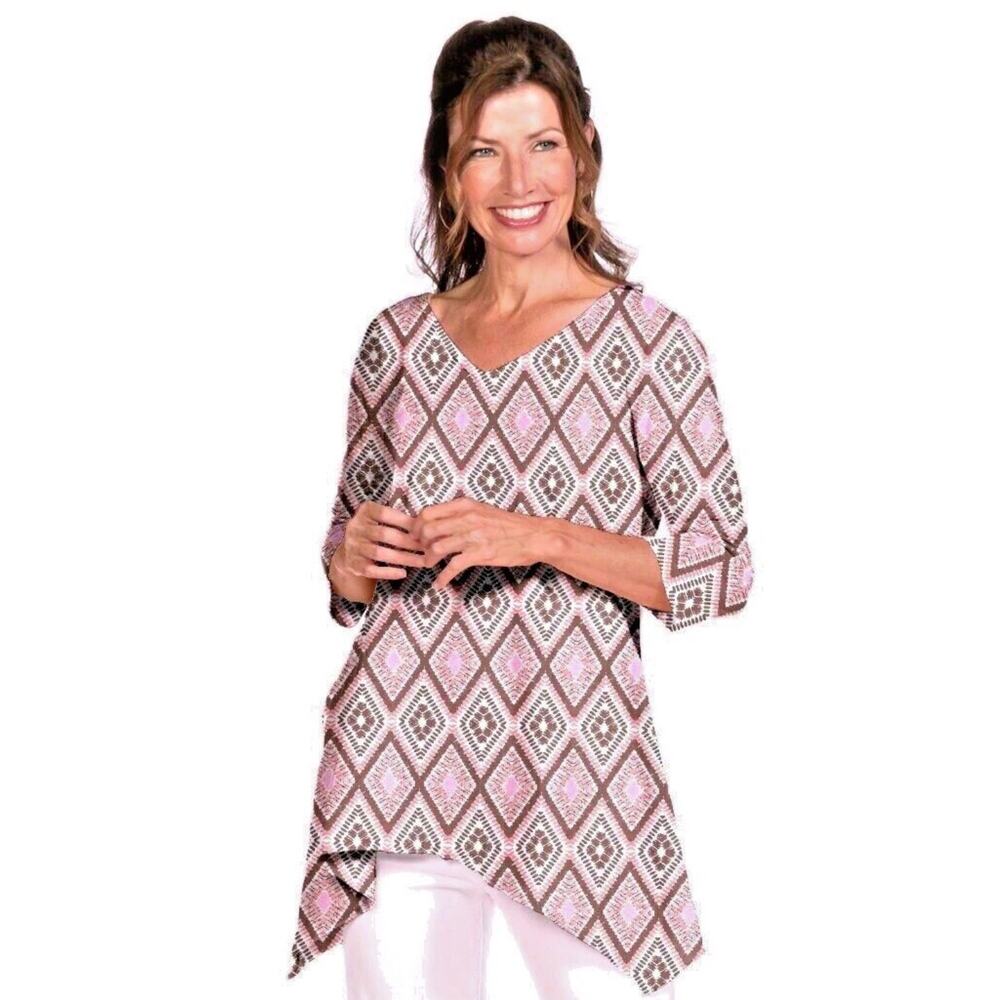 Fresh Produce Tunic Top Blouse Cotton Asymetrical Hem Diamond Pattern Tan Pink S